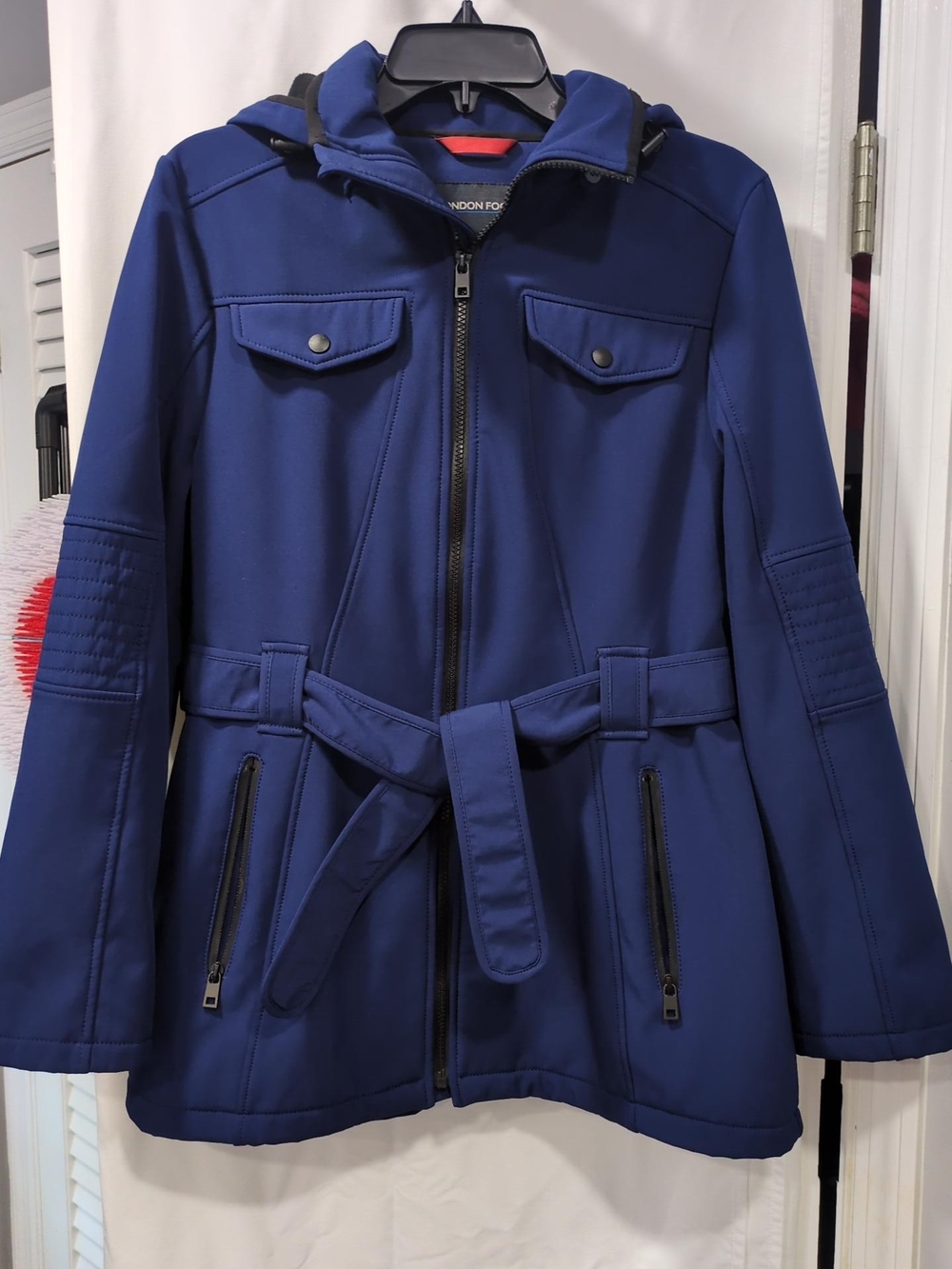 London Fog Womens M Blue Softshell Jacket Removable Hood Belted Fleece Lined